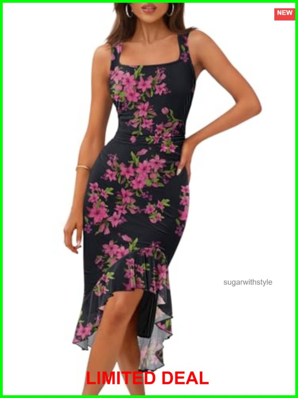 Women's Floral Bodycon Midi Dress Sleeveless Square Neck Ruched Cocktail Party